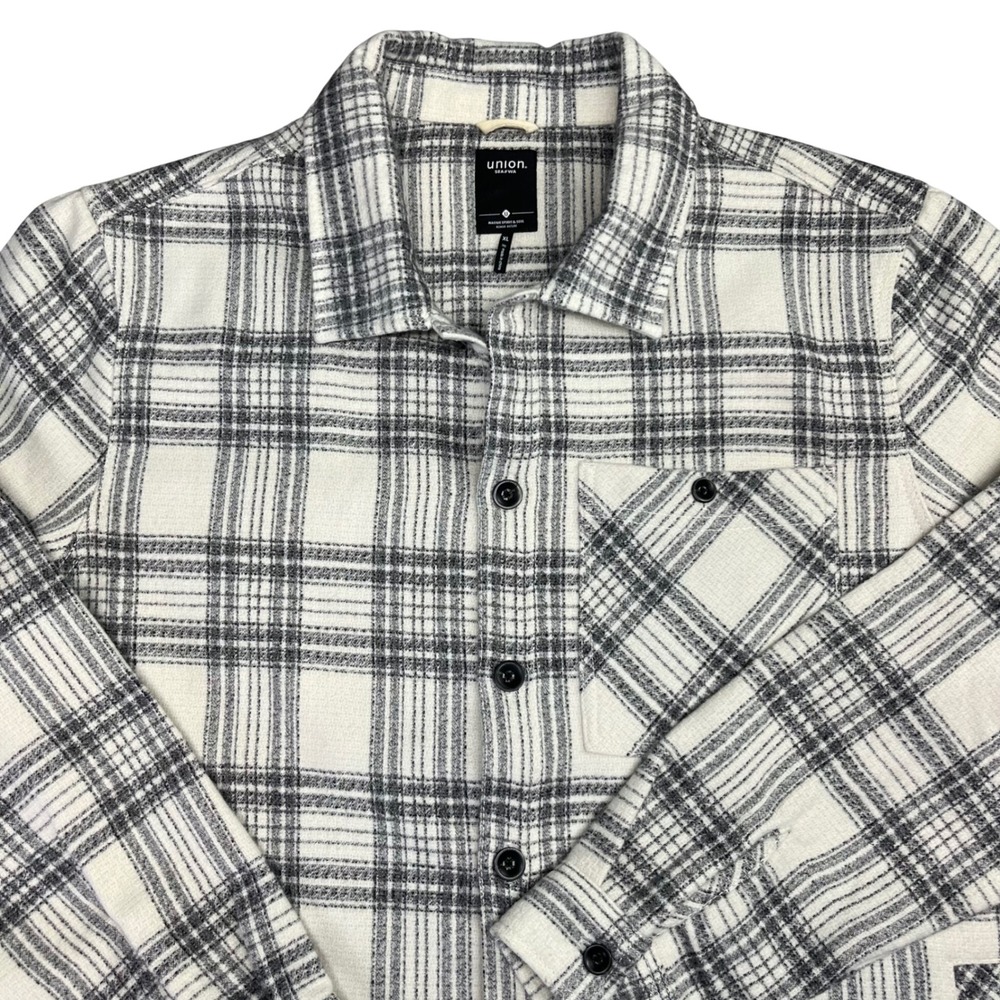 Union Sea WA Men XL Plaid Flannel Shirt Jacket Black White Shacket Native Spirit